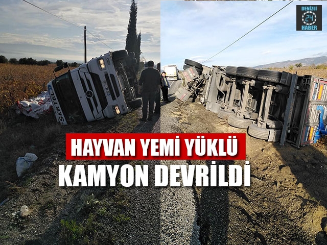 Hayvan Yemi Yüklü Kamyon Devrildi