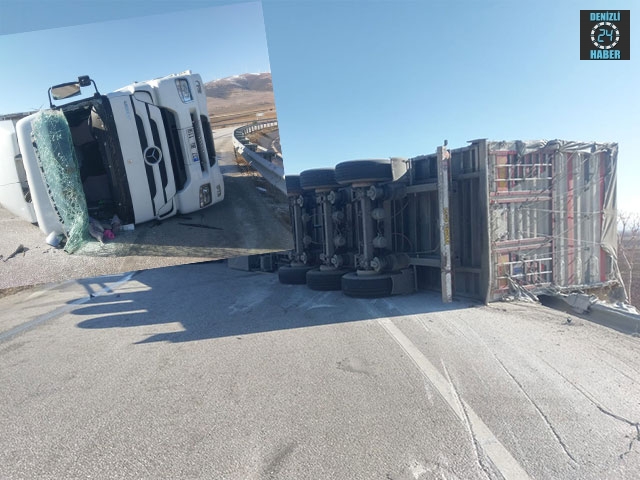 Afyonkarahisar Dinar’da Tır Bariyerlere Çarparak Devrildi