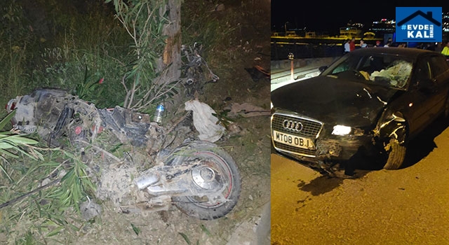 Aydın Kuşadası’nda ters şeride giren otomobil motosiklete çarptı