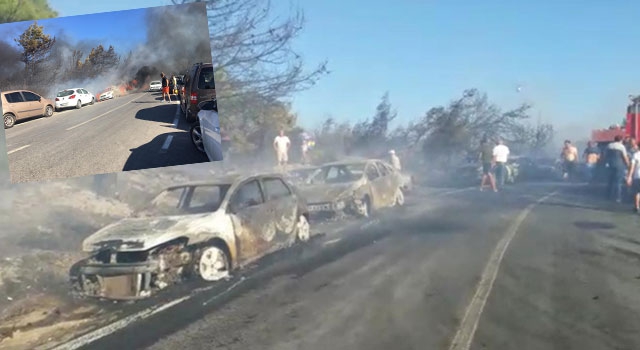 İzmir Seferihisar’daki yangında 58 araç alev alev yandı