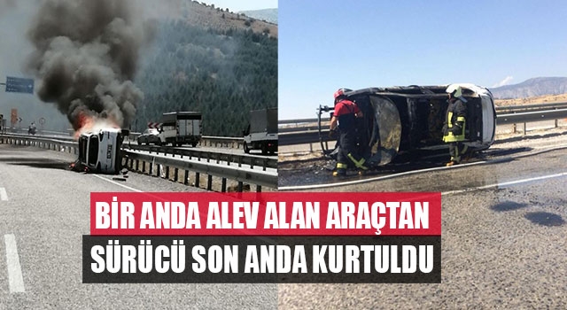 Bir Anda Alev Alan Araçtan Sürücü Son Anda Kurtuldu