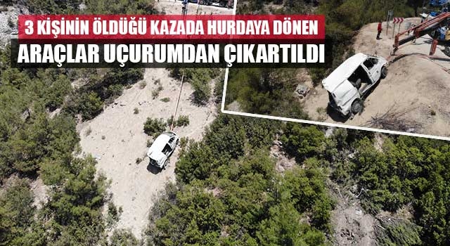 Denizli'de feci kazada  hurdaya dönen araçlar uçurumdan çıkartıldı