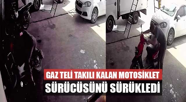 Denizli'de Gaz teli takılı kalan motosiklet sürücüsünü sürükledi