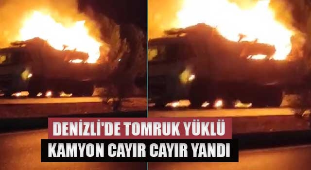 Denizli'de tomruk yüklü kamyon cayır cayır yandı