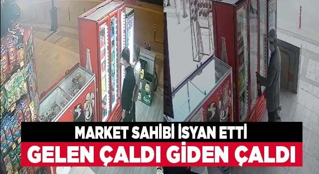 Denizli'de bir markete dadanan hırsızlar dolaptan içecek çaldı