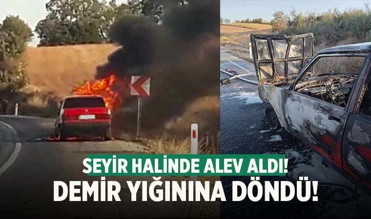 Denizli'de seyir halinde yanan otomobil, demir yığınına döndü