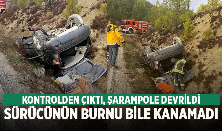 Denizli’de kontrolden çıkan otomobil şarampole devrildi