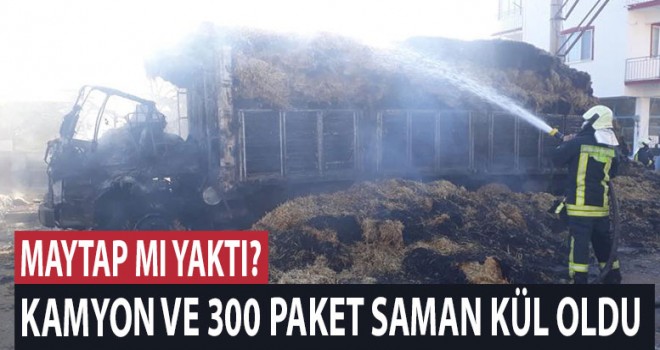 Park halinde kamyon samanla birlikte yandı